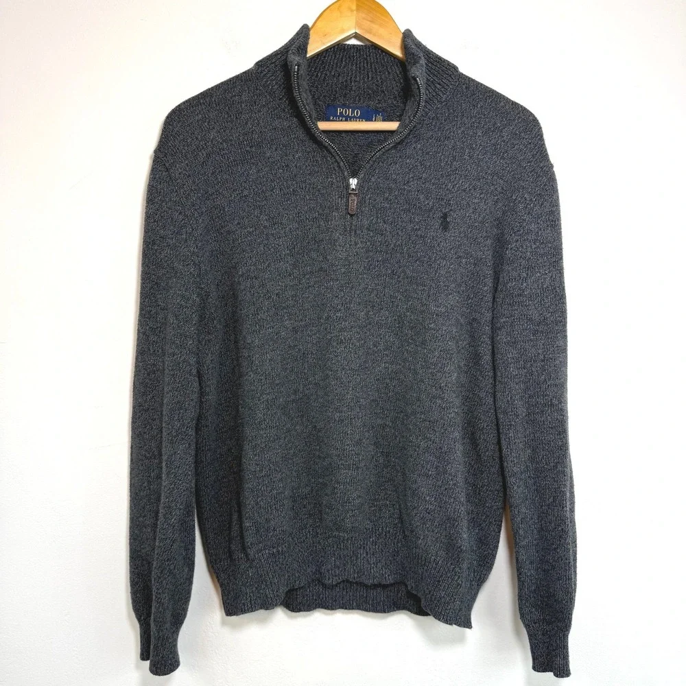 Polo Ralph Lauren Quarter Zip Sweater Grey Cotton Pony Logo Classic Preppy Large